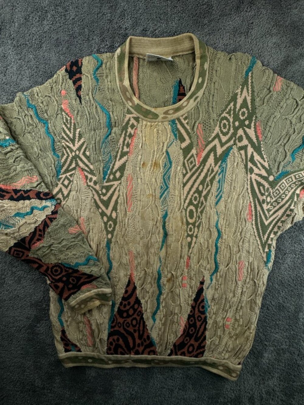 Coogi Sweater Medium Beige Colorful Pullover 3D Knit Crew Neck Cotton Designer